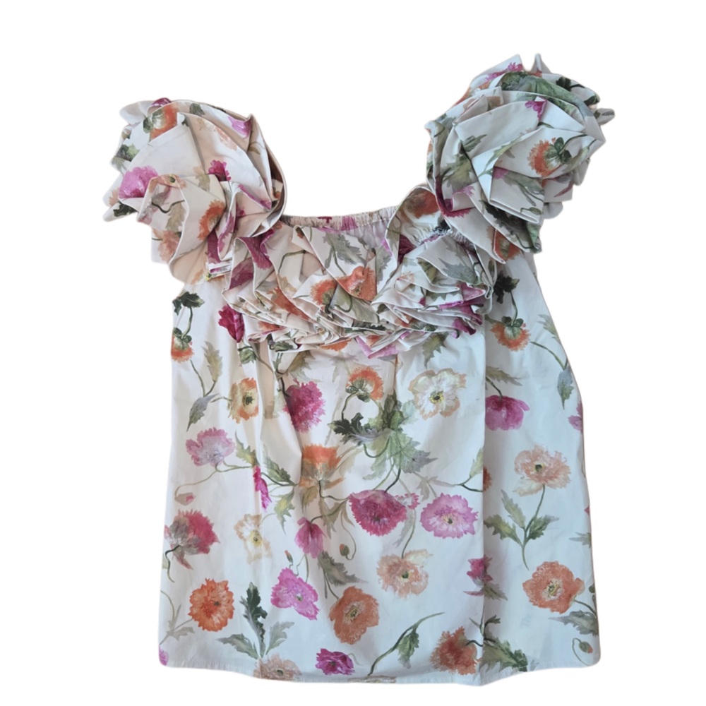Carolina Herrera Off Shoulder White Floral Ruffle Short Sleeve Top